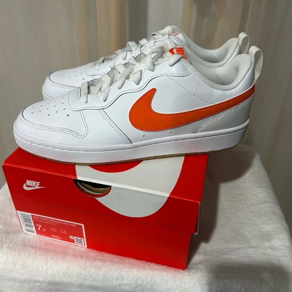 Nike Court Borough Low 2 GS White Orange Sneakers Youth 7Y New